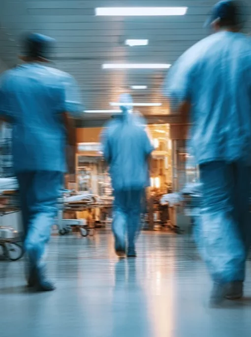 Blurred hospital corridor with medical personnel walking away